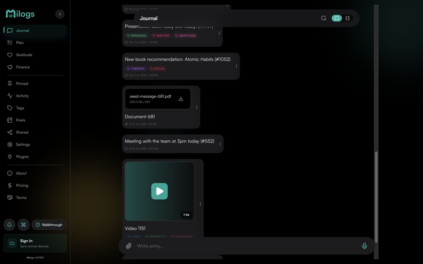 Milogs journal on a desktop with the full sidebar and entry timeline