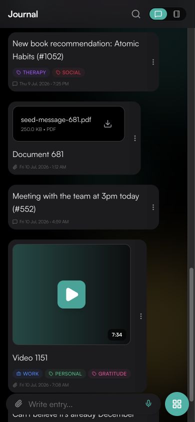 Milogs journal on a mobile phone with an entry timeline and quick capture control